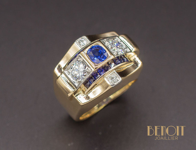 Bague Tank Or Jaune Saphirs et Diamants