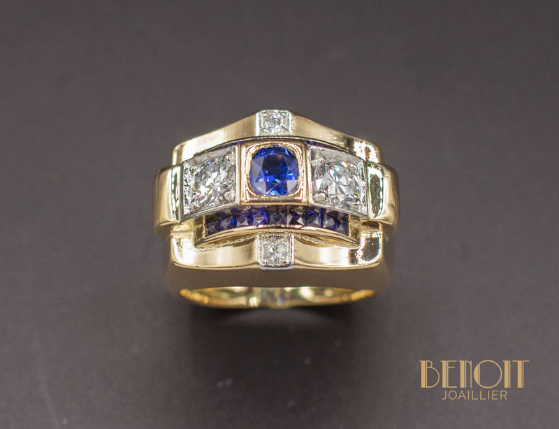 Bague Tank Or Jaune Saphirs et Diamants