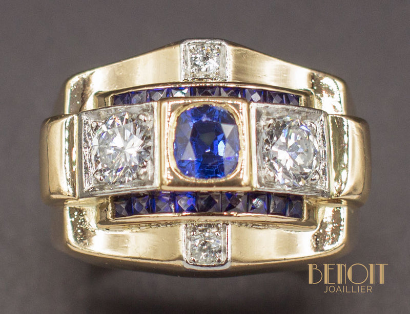 Bague Tank Or Jaune Saphirs et Diamants