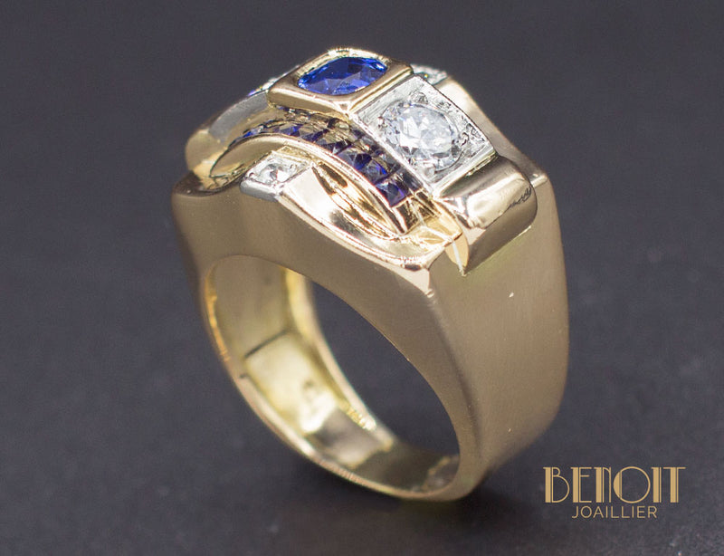 Bague Tank Or Jaune Saphirs et Diamants