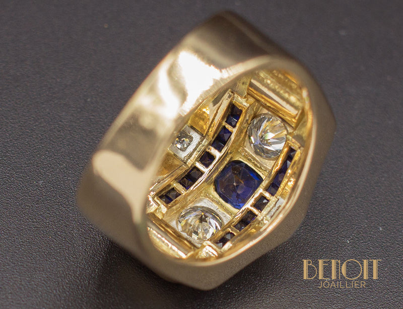 Bague Tank Or Jaune Saphirs et Diamants
