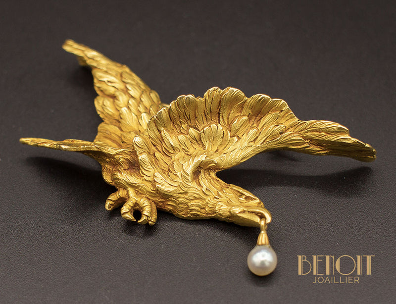 Broche Ancienne Aigle Or Jaune et Perle Fine