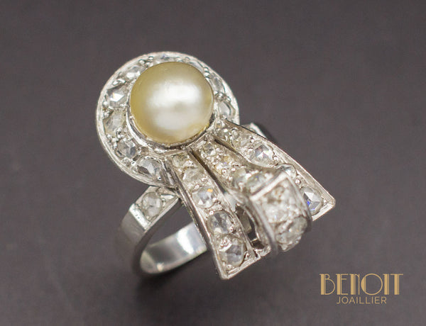 Bague Art Déco Perle Fine Diamants
