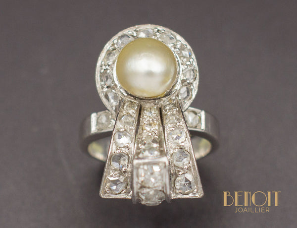 Bague Art Déco Perle Fine Diamants