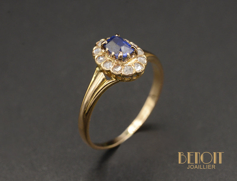 Bague Pompadour Or Rose Saphir Bleu Verneuil Diamants