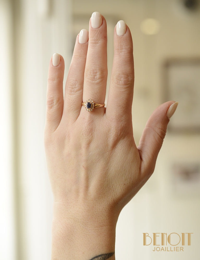 Bague Pompadour Or Rose Saphir Bleu Verneuil Diamants