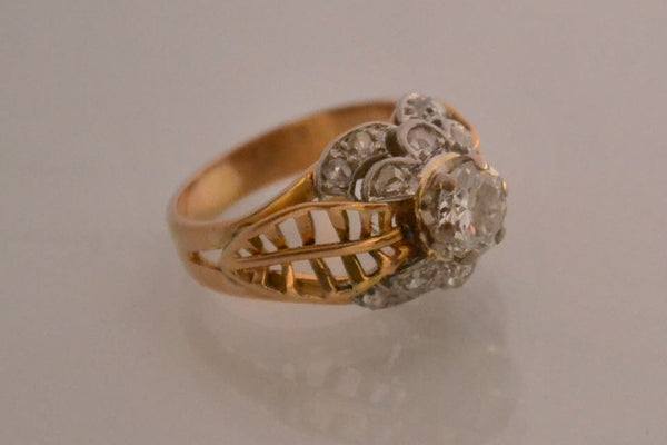 Bague Art Déco Diamants Platine et Or Jaune