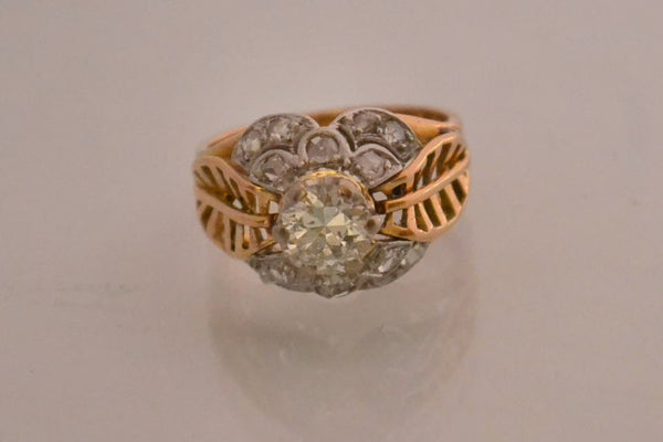 Bague Art Déco Diamants Platine et Or Jaune