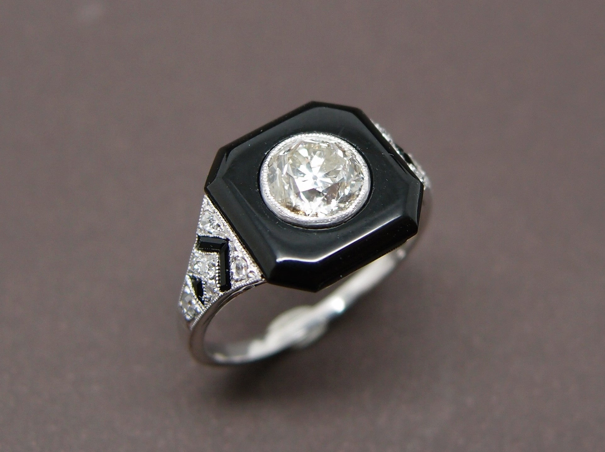 Bague Art Déco Argent 925 - Onyx Noir Et Marcassites - Taille 56 - Occasion