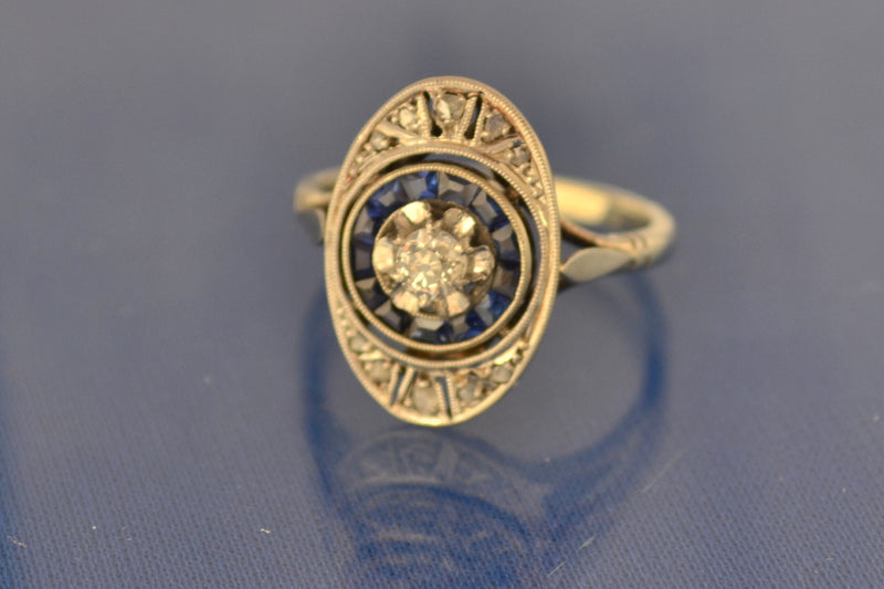 Bague Ovale Art Déco Diamants et Saphirs Calibrés