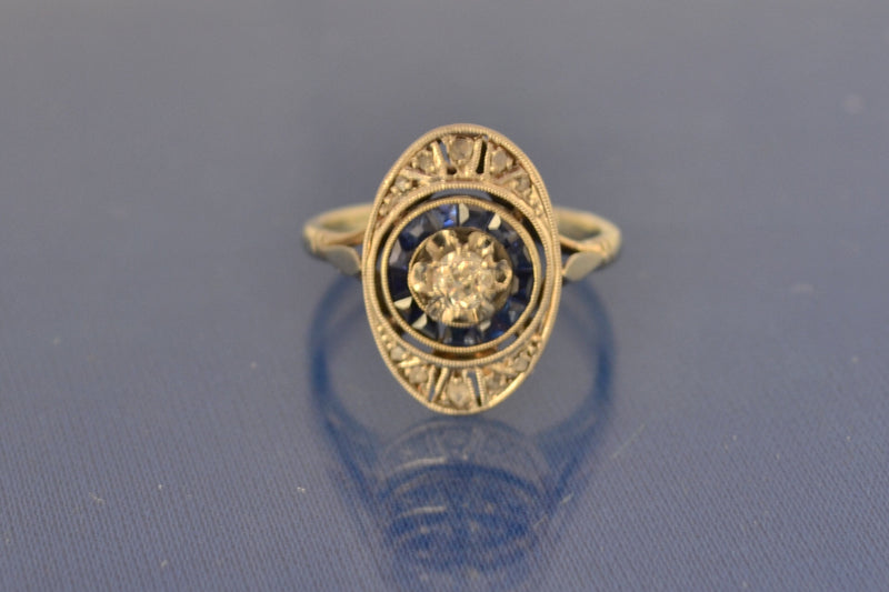 Bague Ovale Art Déco Diamants et Saphirs Calibrés