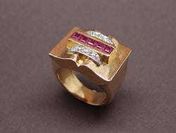 Bague tank diamants et rubis synthétiques