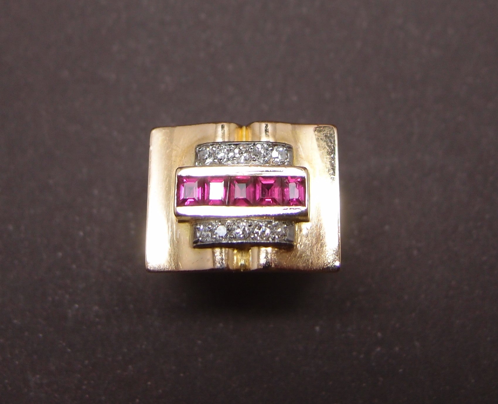 Bague Tank Art Déco Or 18k Rubis Synthétiques - Taille 55, Circa 1950, Occasion