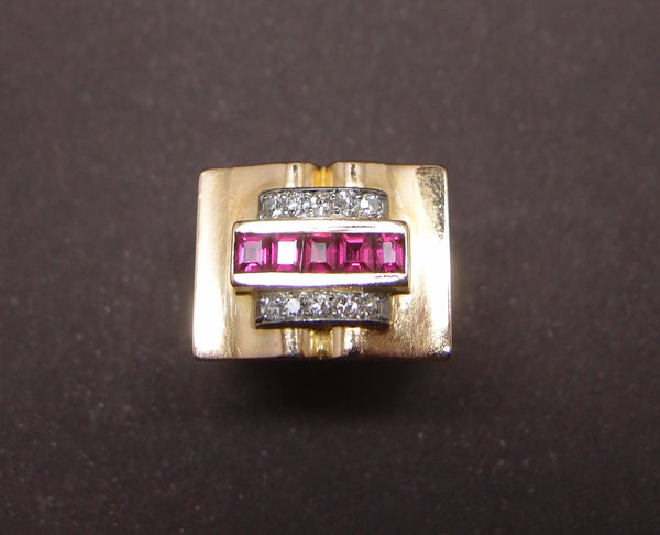 Bague tank diamants et rubis synthétiques