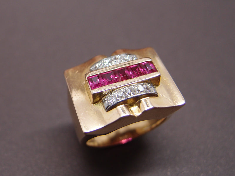 Bague tank diamants et rubis synthétiques