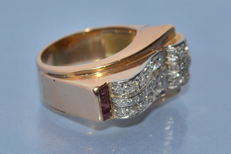 Bague tank diamants rubis et or 18 carats