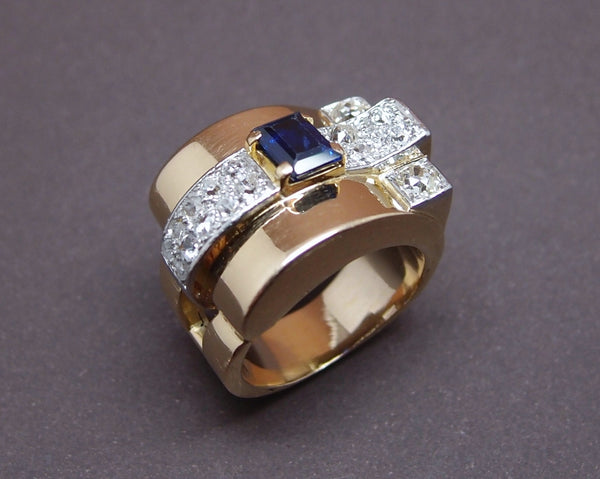 Bague "Tank" or, platine, saphir et diamants