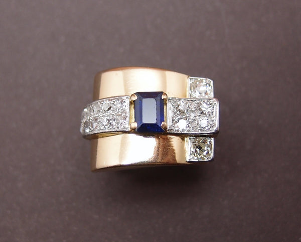 Bague "Tank" or, platine, saphir et diamants