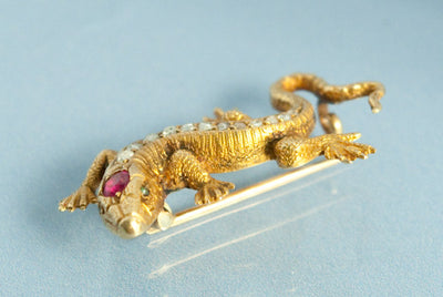 Broche Ancienne Art Déco En Plaqué Or 18k, Motif Lézard, Strass - Occasion