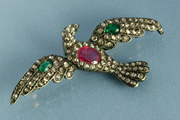 Broche Oiseau 1850 Rubis Emeraude et Diamants