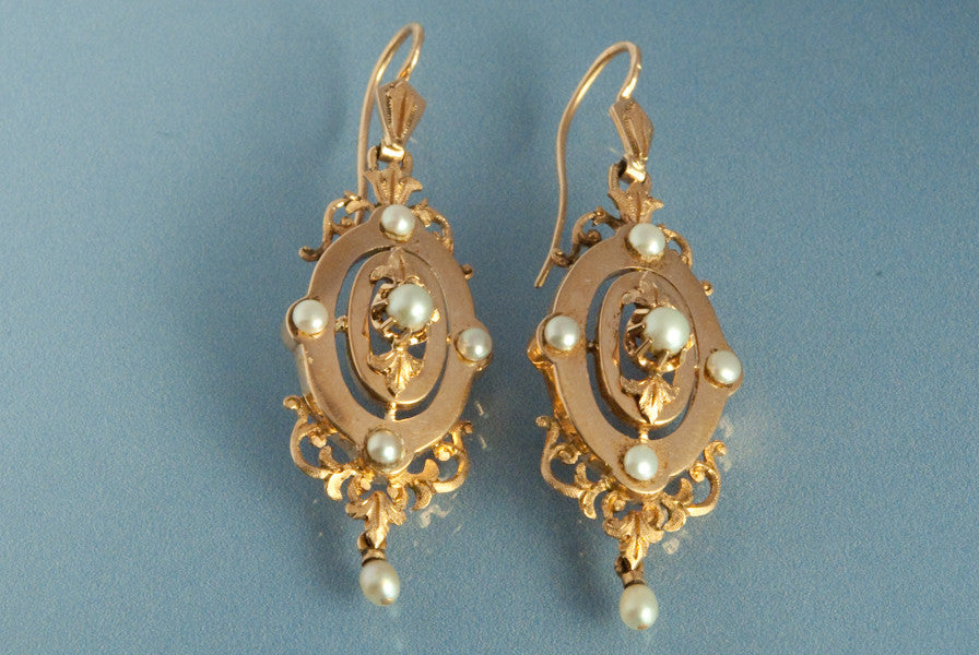 Boucles D'oreilles Longues Perles Gouttes Napoléon III - Laiton Doré - Fermoir Col De Cygne