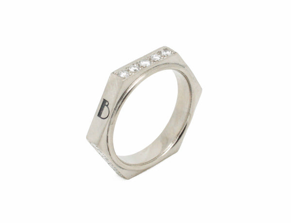 Bague Création Benoit Joaillier "Atelier B : L'Alliance Écrou Pavée" Or Gris Brossé